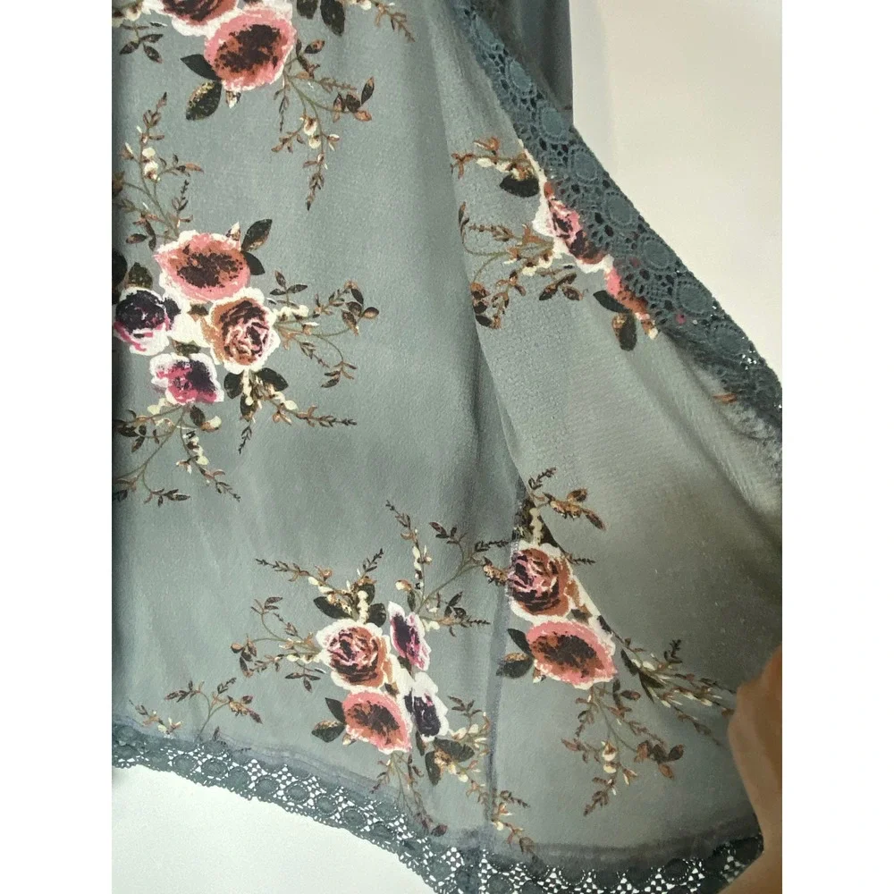 Dusty Blue‎ Floral Lace Trim Kimono Cardigan Bell Sleeve Boho Cottagecore L